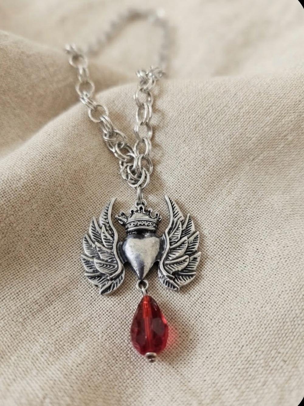 Artisan Silver Winged Heart Pendant Necklace with Red Teardrop